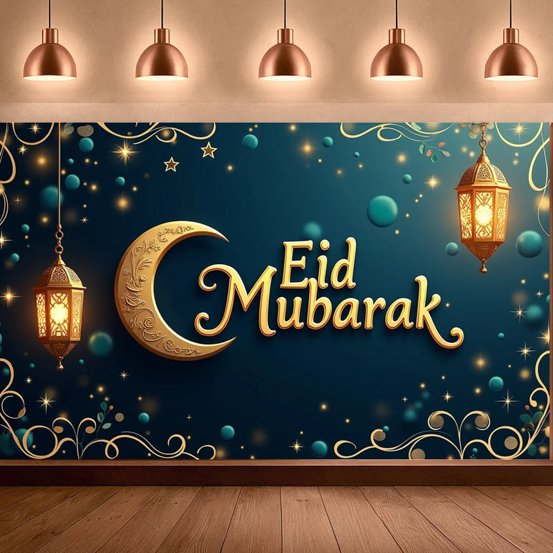 Eid Mubarak Decoration Ramadan Background Moon Curtains Prayer Backdrop Wall Hanging Decor Indoor Outdoor Banner White Black