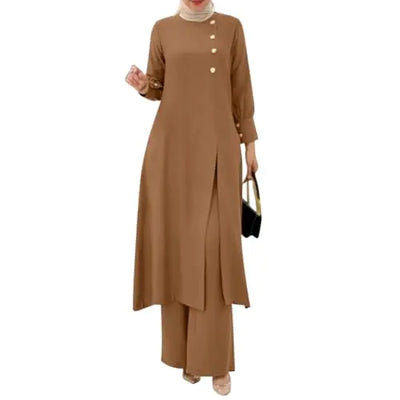 Abayas Dress for Women Muslim Long Sleeve Loose Top Pants 2 Pcs Ramadan Eid Muslim Long Sleeve Button Split Khaki S