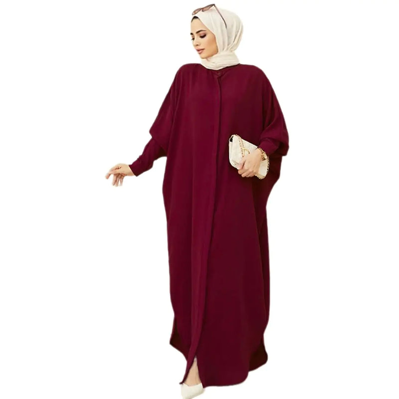 Muslim Dresses for Women Abaya Button Down Henley Shirt Prayer Dress Batwing Long Sleeve Middle East Arabian Robe Dubai Islamic Ladies Conservative Floor Length Kaftan for Ramadan Burgundy One Size