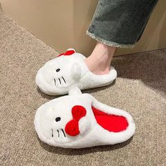 Fashion Sanrio Hello Kitty Plush Slipper Cartoon Kt Cat Warm Winter Indoor Slippers Flat Casual Non-Slip Girls Home Shoes Gift ﻿