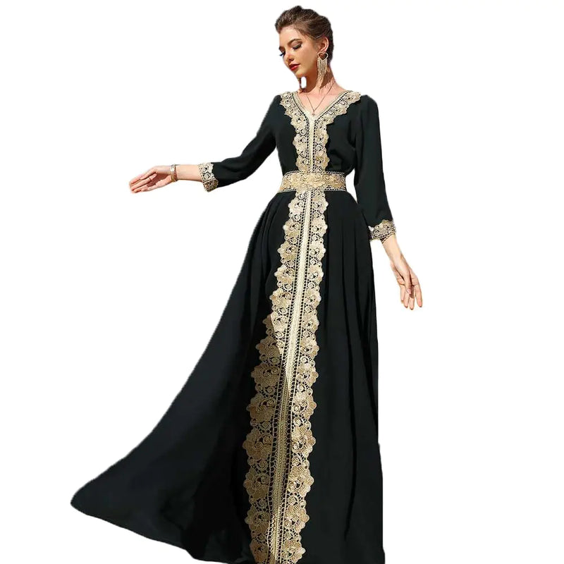 PolyJolly Gold Applique Abaya for Women Dubai Saudi Black Jalabiya Eid Gown Moroccan Maxi Kaftan Dress M