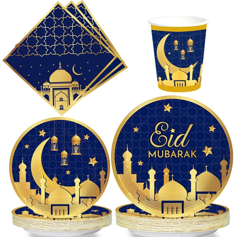 Blue Gold Eid Mubarak Disposable Paper Plate Cup Napkin Banner Eid Mubarak Islamic Muslim Festival Party Decor Supplies