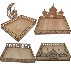 1set Eid Mubarak Wooden Tray Moon Temple Food Holders for Islamic Muslim Table Decoration Ramadan Kareem Party Candy Food Supply