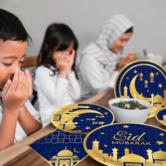 Blue Gold Eid Mubarak Disposable Paper Plate Cup Napkin Banner Eid Mubarak Islamic Muslim Festival Party Decor Supplies