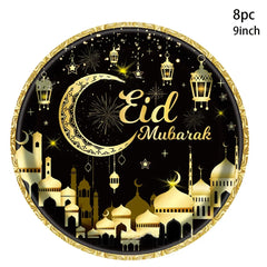 Eid Al-Fitr Black Gold MoonDisposable Tableware Eid Paper Plate Napkin Ramadan Mubarak Happy Eid Al Adha Party Home Decor 2025