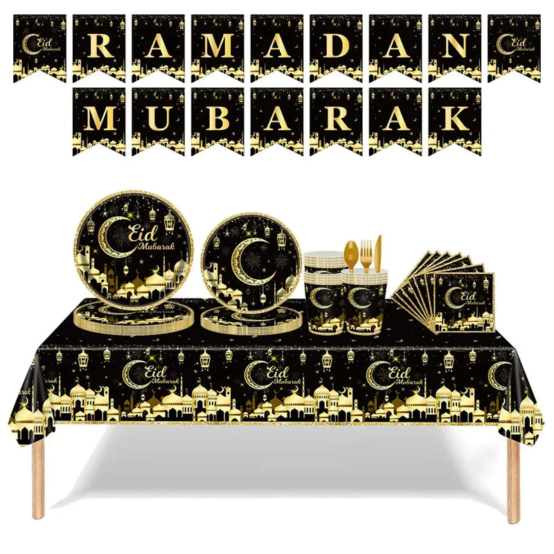 8Guests Black Gold Moon Eid Disposable Tableware Eid Plates Napkins Ramadan Mubarak Happy Eid Al Adha Party Home Decor 2025