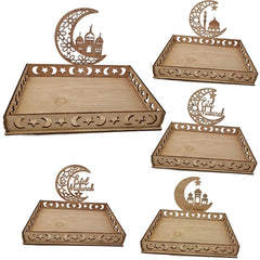 1set Eid Mubarak Wooden Tray Moon Temple Food Holders for Islamic Muslim Table Decoration Ramadan Kareem Party Candy Food Supply