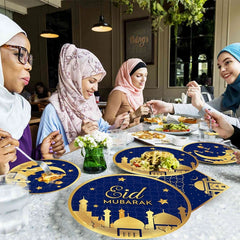 Blue Gold Eid Mubarak Disposable Paper Plate Cup Napkin Banner Eid Mubarak Islamic Muslim Festival Party Decor Supplies