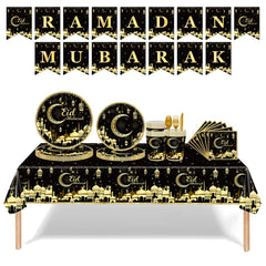 Eid Al-Fitr Black Gold MoonDisposable Tableware Eid Paper Plate Napkin Ramadan Mubarak Happy Eid Al Adha Party Home Decor 2025