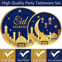 Blue Gold Eid Mubarak Disposable Paper Plate Cup Napkin Banner Eid Mubarak Islamic Muslim Festival Party Decor Supplies