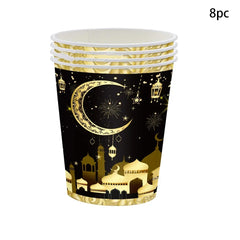 8Guests Black Gold Moon Eid Disposable Tableware Eid Plates Napkins Ramadan Mubarak Happy Eid Al Adha Party Home Decor 2025