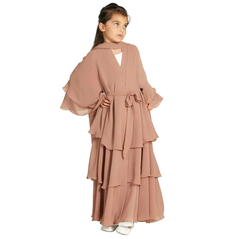 Kids Abayas Dress for Girls Muslim Dress with Hijab Eid Ramadan Chiffon Layered Open Abaya Dress Dubai Turkey Islamic Kaftan Robe Open Front Cardigan Dress Prayer Dress with Hijab Khaki 7-8 Years