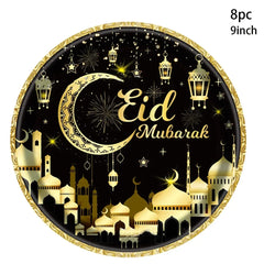 8Guests Black Gold Moon Eid Disposable Tableware Eid Plates Napkins Ramadan Mubarak Happy Eid Al Adha Party Home Decor 2025