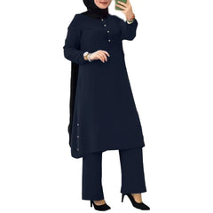 IDOPIP Womens Muslim Abaya Dress 2 Pieces Set Long Sleeve Button Down Shirt and Long Pants Islamic Dubai Robe Outfits Plus Size Arabic Ramadan Casual Prayer Kaftan Dress Clothes Navy Blue 3XL