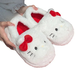 Fashion Sanrio Hello Kitty Plush Slipper Cartoon Kt Cat Warm Winter Indoor Slippers Flat Casual Non-Slip Girls Home Shoes Gift ﻿