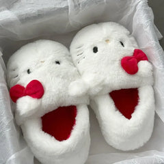 Fashion Sanrio Hello Kitty Plush Slipper Cartoon Kt Cat Warm Winter Indoor Slippers Flat Casual Non-Slip Girls Home Shoes Gift ﻿