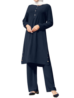 IBAKOM Muslim Clothes for Women Modest Long Sleeve Abaya Button Down Robe Adult Afghan Loose Pant Dubai Attire Islamic Plus Size Bohemian Caftan Middle East Eid Ramadan Player Pant Suit Navy Blue XL