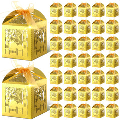 ReliThick 50 Pcs Eid Mubarak Candy Box Set Ramadan Gift Boxes with Ribbons Muslim Party Favor Boxes Paper Thank You Gift Box Gold Laser Cut Boxes for Eid Islamic Party Birthday Decorations (Castle)