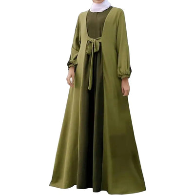 IBAKOM Abaya Dress for Women Self Tie Modest Muslim Clothes Eid Ramadan Prayer Jilbab Islamic A-line Turkish Robe Arabian Dubai Attire Burka Kaftan Maxi Dress Jalabiya Green Tie 2XL