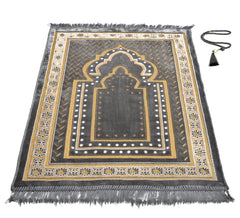 TB Islamic Prayer Rug Soft Velvet Muslim Mat Unique Arabic Turkish African Embroidered Design Prayer Bead Daily Salah Prayer Meditation Ramadan Eid Gift for Women Men Kids (Dark Gray)