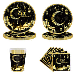 KYMY 68 pcs Eid Mubarak Tableware Set Ramadan Muslim Paper Table Decorations Islamic Eid Mubarak Party Supplies with Disposable Eid Mubarak Plates Napkins Cups for Eid Al-fitr Haji Festival